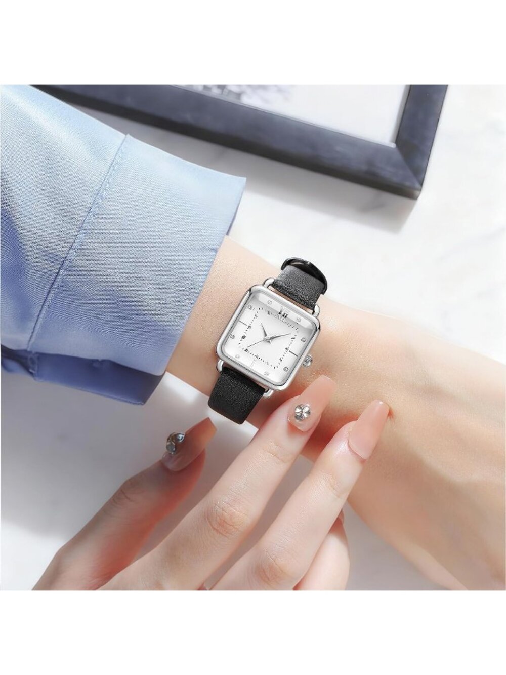 Women's White Square Dial Quartz Stainless Steel Case Leather Strap Wrist Watch - Picture 2 of 6